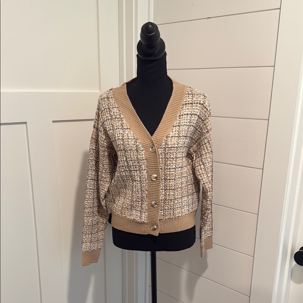 Jessica Simpson Women's Tan Plaid Cardigan Sweater